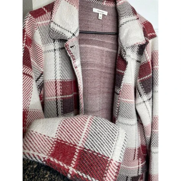 Maurices Plaid Academia Style Long Jacket Coat Red Ivory Open Front M - Picture 3 of 8